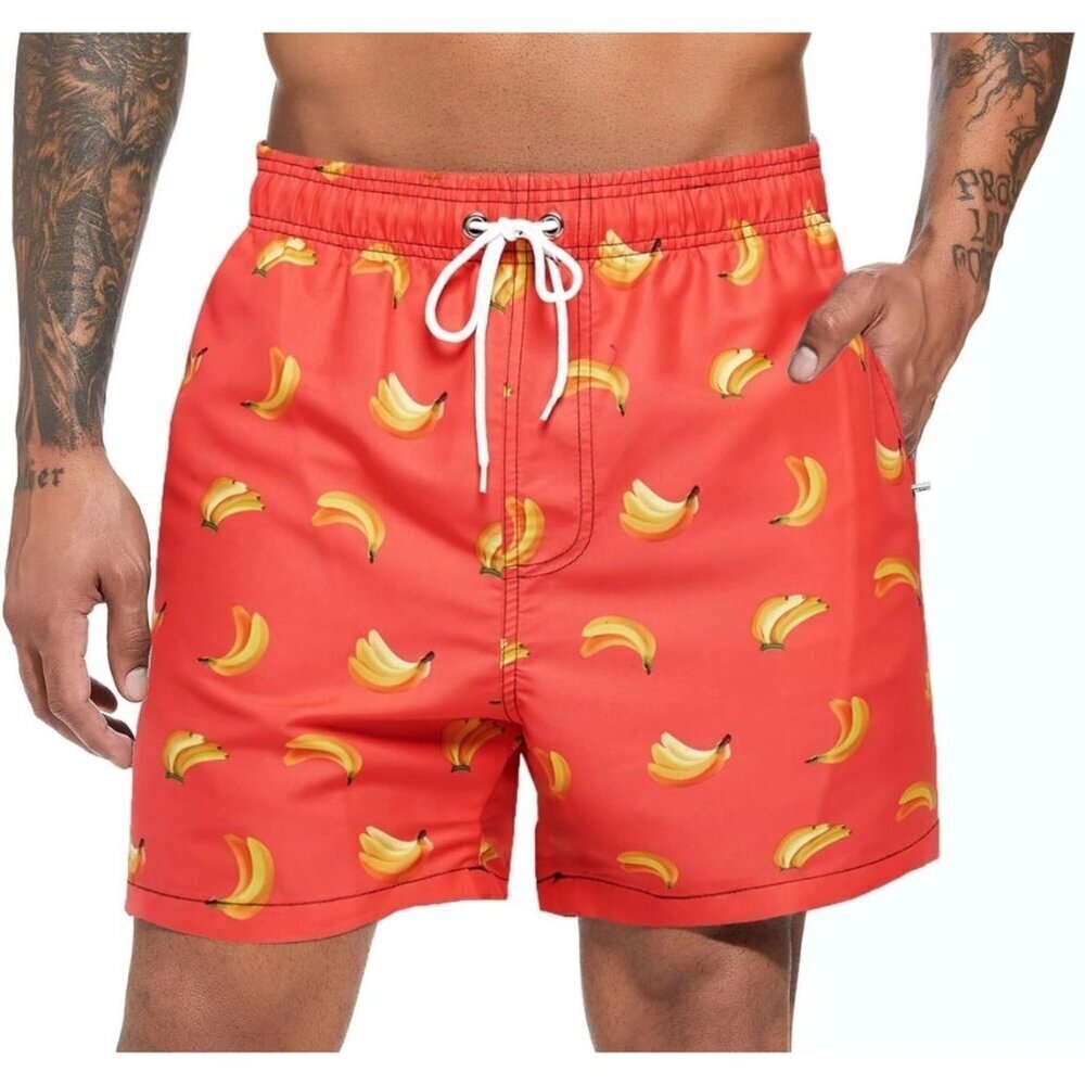 Men's XXL Banana Bunches Novelty Print Swim Trunks Coral Tropical Resortwear New